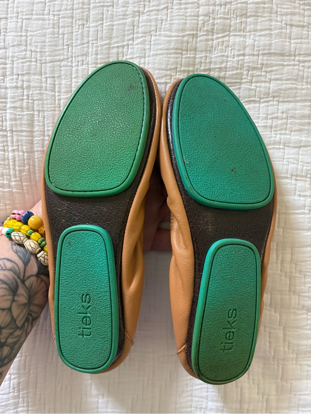 Tieks Leather Ballet Flats in Cognac with Teal Heel Tab - Picture 3 of 4